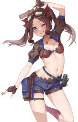 Rule 34 | 1girl, absurdres, belt, bikini, bikini top only, blue eyes, blue shorts, blush, breasts, brown gloves, brown hair, buckle, collarbone, fate/grand order, fate (series), fingerless gloves, forehead, gloves, goggles, gun, hair ribbon, highres, jewelry, kneehighs, kopaka (karda nui), leonardo da vinci (fate), leonardo da vinci (swimsuit ruler) (fate), licking lips, long hair, looking at viewer, navel, necklace, one eye closed, parted bangs, pouch, puffy short sleeves, puffy sleeves, red bikini, red ribbon, ribbon, short shorts, short sleeves, shorts, shrug (clothing), sidelocks, small breasts, socks, solo, swimsuit, thighs, tongue, tongue out, twintails, weapon
