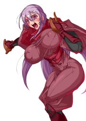 Rule 34 | 1girl, absurdres, armored boots, armored gloves, boots, breasts, covered erect nipples, dragon yukano, highres, huge breasts, long hair, looking at viewer, ninja, ninja slayer, open mouth, purple eyes, purple hair, red scarf, scarf, simple background, solo, teeth, tongue, vambraces, white background, yoshitsuki
