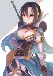 Rule 34 | armor, armored collar, asymmetrical bangs, asymmetrical clothes, blue cape, cape, capelet, cleavage cutout, clothing cutout, expressionless, fire emblem, fire emblem engage, fur-trimmed cape, fur trim, hair ornament, highres, hinata ruzuki, holding, holding polearm, holding weapon, jewelry, juliet sleeves, long sleeves, necklace, nel (fire emblem), nintendo, parted bangs, polearm, puffy sleeves, red eyes, short hair, sidelocks, skirt, solo, torn clothes, torn skirt, weapon