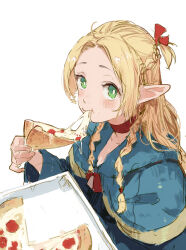Rule 34 | 1girl, blonde hair, blue capelet, blue robe, braid, capelet, cheese, cheese trail, choker, commentary, detached hood, dino (dinoartforame), dungeon meshi, eating, elf, food, green eyes, hair around ear, hair ribbon, halfling, highres, holding, holding food, holding pizza, hood, hooded capelet, long hair, looking at viewer, marcille donato, multiple braids, pepperoni, pepperoni pizza, pizza, pizza box, pizza slice, pointy ears, ribbon, robe, simple background, solo, symbol-only commentary, white background