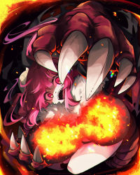 Rule 34 | animal hands, breasts, breath weapon, breathing fire, cape, claws, cleavage, commentary request, dragon girl, dragon horns, dragon tail, fire, highres, horns, huge breasts, ilulu (maidragon), inkspirate, kobayashi-san chi no maidragon, large breasts, open mouth, red eyes, sharp teeth, slit pupils, solo, tail, teeth
