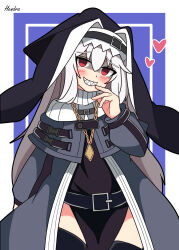 1girl absurdres anime_coloring arknights artist_name belt belt_buckle black_belt black_dress black_outline blush border buckle chain chain_necklace coif commentary_request cowboy_shot dress eyes_visible_through_hair grey_dress habit hair_between_eyes hand_to_own_mouth hand_up head_scarf heart hendra highres jewelry long_sleeves looking_at_viewer medium_hair necklace no_pupils outline outside_border partial_commentary purple_background red_eyes shaded_face sharp_teeth signature simple_background smug solo specter_(arknights) standing teeth white_border white_hair