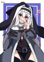 Rule 34 | 1girl, absurdres, anime coloring, arknights, artist name, belt, belt buckle, black belt, black dress, black outline, blush, border, buckle, chain, chain necklace, coif, commentary request, cowboy shot, dress, eyes visible through hair, grey dress, habit, hair between eyes, hand to own mouth, hand up, head scarf, heart, hendra, highres, jewelry, long sleeves, looking at viewer, medium hair, necklace, no pupils, outline, outside border, partial commentary, purple background, red eyes, shaded face, sharp teeth, signature, simple background, smug, solo, specter (arknights), standing, teeth, white border, white hair