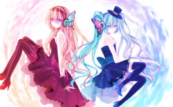 Rule 34 | 2girls, aqua eyes, aqua hair, bad id, bad pixiv id, bare shoulders, bow, bug, butterfly, dress, floating, formal, frills, hand on own chest, hat, hatsune miku, high heels, insect, konnnaka, lace, long hair, magnet (vocaloid), megurine luka, mini hat, mini top hat, multiple girls, pale skin, pantyhose, pink hair, shoes, sitting, striped legwear, thighhighs, top hat, twintails, vertical-striped legwear, very long hair, vocaloid