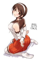 Rule 34 | 1girl, arms behind back, artist name, blouse, brown eyes, brown hair, brown sailor collar, crossed arms, dated, detached sleeves, from above, hairband, head tilt, highres, kantai collection, kneeling, looking at viewer, natori (kancolle), one-hour drawing challenge, owa (ishtail), pleated skirt, red skirt, sailor collar, school uniform, serafuku, shirt, short hair, simple background, skirt, sleeveless, sleeveless shirt, solo, white background