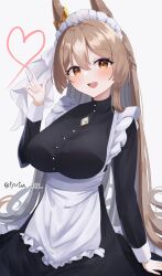 Rule 34 | 1girl, alternate costume, apron, black dress, braid, breasts, brown eyes, brown hair, commentary request, dress, ear ornament, enmaided, french braid, frilled apron, frills, half updo, heart, highres, horse girl, large breasts, long hair, long sleeves, looking at viewer, lryutanl, maid, maid apron, maid headdress, multicolored hair, open mouth, pointing, satono diamond (umamusume), simple background, smile, solo, streaked hair, twitter username, umamusume, waist apron, white apron, white background