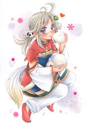 Rule 34 | 1girl, ahoge, baozi, blush, breasts, chinese clothes, detached sleeves, eating, flower, food, full body, gold trim, grey eyes, grey hair, hair flower, hair ornament, heart, looking at viewer, panda hair ornament, red footwear, rune factory, rune factory 4, shira (kunseitamago), simple background, small breasts, solo, tail, wide sleeves, xiao pai
