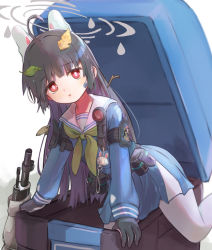 Rule 34 | 1girl, :o, ahoge, black gloves, black hair, blue archive, blue serafuku, blue shirt, blue skirt, bolt action, commentary request, feet out of frame, female focus, gloves, green neckerchief, gun, halo, headgear, headset, highres, in container, leaf, leaf on head, long hair, long sleeves, looking at viewer, miyu (blue archive), mosin-nagant, neckerchief, pantyhose, parted lips, pleated skirt, puffy long sleeves, puffy sleeves, red eyes, rifle, riva0412, school uniform, serafuku, shirt, skirt, solo, trash can, very long hair, weapon