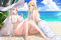 Rule 34 | 2girls, ass, azur lane, bare shoulders, barefoot, beach, bikini, blonde hair, blue eyes, blue sky, breasts, brest (azur lane), brest (marine muse) (azur lane), choker, cloud, day, detached sleeves, feet, foot out of frame, full body, grey hair, hair intakes, hand up, hat, highres, kneeling, large breasts, legs, long hair, multiple girls, ocean, official alternate costume, outdoors, palm tree, parted lips, pointy ears, qing wu, sand, sitting, skirt, sky, smile, sun hat, swimsuit, thighs, toenails, toes, tree, very long hair, white choker, white skirt, yorktown (azur lane), yorktown ii (azur lane), yorktown ii (bright-sky mermaid) (azur lane)