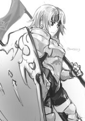 Rule 34 | 1girl, ane-suisei, armor, facing to the side, fire emblem, fire emblem: the binding blade, greyscale, gwendolyn (fire emblem), headband, highres, holding, holding polearm, holding shield, holding weapon, monochrome, nintendo, polearm, shield, solo, thighhighs, weapon