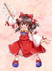 Rule 34 | 1girl, ascot, bad id, bad pixiv id, black hair, blue ascot, bow, bowtie, brown eyes, brown hair, detached sleeves, dress, female focus, full body, gohei, hair bow, hair ribbon, hair tubes, hakurei reimu, japanese clothes, long hair, mary janes, miko, necktie, ofuda, ribbon, shoes, smile, solo, standing, touhou, yellow bow, yellow bowtie, zipang (zip@ng works)