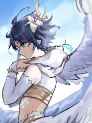Rule 34 | 1boy, androgynous, aqua eyes, aqua hair, black hair, braid, bridal gauntlets, capelet, cecilia flower (genshin impact), chest tattoo, cloud, feathered wings, feathers, flower, from side, genshin impact, glowing tattoo, gradient hair, hair flower, hair ornament, highres, hood, hooded capelet, male focus, multicolored hair, official alternate costume, ria wndhi, short hair, short hair with long locks, sky, solo, tattoo, twin braids, upper body, venti (archon) (genshin impact), venti (genshin impact), white flower, white wings, wings