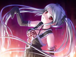 Rule 34 | 1girl, 400, breasts, elbow gloves, fatiette, game cg, gloves, grey hair, hair ribbon, kanojo to kanojo to watashi no nananichi, long hair, looking at viewer, red eyes, ribbon, solo, twintails, upper body