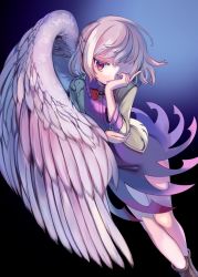 Rule 34 | 1girl, absurdres, angel wings, bare legs, blue background, boots, bow, bowtie, braid, covering own mouth, dress, e sdss, feathered wings, french braid, full body, gradient background, hand over face, highres, jacket, jewelry, kishin sagume, looking at viewer, one eye closed, open clothes, open jacket, purple dress, red bow, red eyes, short dress, short hair, single wing, solo, thighs, touhou, white wings, wings