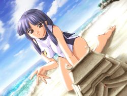 Rule 34 | 1girl, architecture, barefoot, beach, blue hair, brown eyes, castle, day, dutch angle, east asian architecture, game cg, long hair, love love navigation, non-web source, one-piece swimsuit, oota takeshi, pagoda, sand castle, sand sculpture, solo, swimsuit