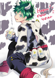 Rule 34 | 1boy, animal costume, boku no hero academia, bottle, cow costume, cow horns, freckles, glass bottle, green eyes, green hair, happy new year, highres, holding, holding bottle, horns, knee pads, looking at viewer, male focus, midoriya izuku, milk bottle, new year, on floor, open mouth, red footwear, solo, sweatdrop, twitter username, ume (326310)