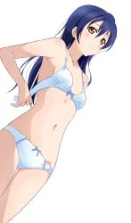 Rule 34 | 1girl, adjusting bra, adjusting clothes, artist name, artist request, bare legs, bare shoulders, blue bow, blue hair, blush, bow, bow bra, bow panties, bra, breasts, brown eyes, collarbone, female focus, hair between eyes, highres, long hair, looking at viewer, love live!, love live! school idol project, panties, parted lips, small breasts, smile, solo, sonoda umi, underwear, white background, white bra, white panties, yellow eyes