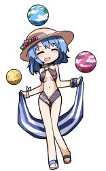 Rule 34 | 1girl, alternate headwear, black one-piece swimsuit, blue hair, bracelet, chibi, closed eyes, clothes writing, collar, criss-cross halter, earth (planet), flower, full body, halterneck, hat, hat flower, hecatia lapislazuli, hecatia lapislazuli (earth), hemogurobin a1c, jewelry, moon, o-ring, o-ring swimsuit, one-piece swimsuit, open mouth, planet, sandals, slingshot swimsuit, smile, solo, sun hat, swimsuit, touhou, towel, transparent background