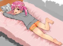 Rule 34 | 1girl, ass, barefoot, bed, brown eyes, ebisujima misato, fang, feet, from behind, grey sweater, kneepits, leg up, legs, long hair, looking back, lying, manga (object), on stomach, open mouth, orange shorts, original, pink hair, reading, short shorts, shorts, smile, soles, solo, sweater, toes, twintails