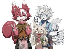 Rule 34 | 1boy, 2girls, :d, ahoge, bags under eyes, belafu, blonde hair, blue eyes, blue scarf, body fur, brown capelet, capelet, chinese commentary, claws, closed eyes, commentary request, cowboy shot, daisy, double v, facing viewer, fangs, flower, furrification, furry, furry female, hair flower, hair ornament, hands up, highres, holding, holding flower, irumyuui, low twintails, made in abyss, medium hair, messy hair, multicolored hair, multiple girls, navel, nervous smile, open mouth, red fur, red hair, scarf, sharp teeth, short hair, simple background, smile, squirrel girl, squirrel tail, standing, sweat, tail, teeth, twintails, two-tone hair, v, vueko, whiskers, white background, white fur, white hair, wide-eyed, xiaopizi32439, yellow eyes