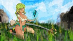 Rule 34 | 1girl, bad deviantart id, bad id, barefoot, blue theme, boulder, bra, breasts, dragomon hunter, dragon girl, egg, fantasy, feathers, frosthyde, grass, green hair, green theme, highres, large breasts, long hair, looking at viewer, magic, miniskirt, panties, red eyes, self-upload, skirt, solo, tail, tan, tanline, tattoo, underwear