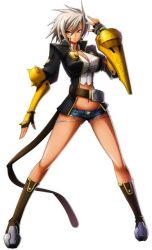 Rule 34 | &gt;:|, 1girl, :|, arc system works, arm up, armor, belt, belt skirt, blazblue, blazblue: chronophantasma, boots, breasts, bullet (blazblue), cleavage, closed mouth, crop top, cutoffs, dark-skinned female, dark skin, denim, denim shorts, elbow pads, fingerless gloves, full body, gauntlets, gloves, groin, hair between eyes, high collar, impossible clothes, impossible shirt, jacket, knee boots, large breasts, legs, legs apart, long legs, looking at viewer, lowleg, lowleg shorts, micro shorts, midriff, narrow waist, navel, official art, open clothes, open jacket, orange eyes, shirt, short shorts, shorts, simple background, solo, spiked hair, standing, taut clothes, taut shirt, thighs, torn clothes, v-shaped eyebrows, white background, white hair, wide hips, wide stance, yellow eyes