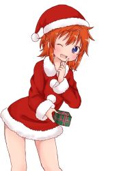 Rule 34 | 1girl, ;d, blue eyes, blush, box, brown hair, commentary request, dress, fur-trimmed dress, fur-trimmed headwear, fur trim, gift, gift box, hair between eyes, hat, holding, holding gift, index finger raised, koshigaya natsumi, leaning forward, looking at viewer, non non biyori, one eye closed, open mouth, red dress, red hat, santa costume, santa hat, shika (s1ka), simple background, smile, solo, white background