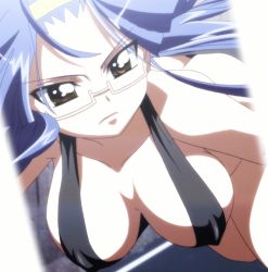 Rule 34 | 1girl, animated, animated gif, aresta blanket, ass, bikini, blue hair, bouncing breasts, breasts, brown eyes, butt crack, cleavage, covered erect nipples, downpants, fight ippatsu! juuden-chan!!, glasses, hanging breasts, large breasts, long hair, semi-rimless eyewear, slingshot swimsuit, solo, stitched, swimsuit, third-party edit