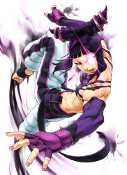 Rule 34 | 1girl, barefoot, breasts, capcom, chinese clothes, chyko, drill hair, dudou, feet, fingerless gloves, gloves, glowing, glowing eye, glowing eyes, halterneck, han juri, highres, medium breasts, muscular, muscular female, nail polish, pink nails, sideboob, solo, stirrup legwear, street fighter, street fighter iv (series), toeless legwear, tongue, tongue out, twin drills