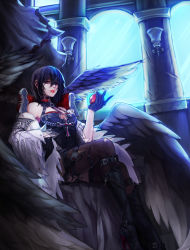 Rule 34 | absurdres, bad id, bad pixiv id, black footwear, black hair, boots, breasts, choker, crossed legs, dress, dungeon and fighter, female priest (dungeon and fighter), gloves, high heel boots, high heels, highres, knee boots, large breasts, looking at viewer, mistress (dungeon and fighter), purple eyes, short hair, solo, thighhighs, thighs, throne, wings, zlfnrk