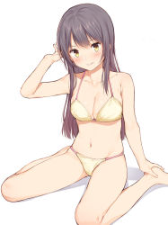 Rule 34 | 1girl, arm up, bare legs, barefoot, black hair, blush, breasts, cleavage, full body, hand on own foot, hands on feet, large breasts, long hair, looking at viewer, mikazuchi zeus, navel, original, simple background, sitting, smile, solo, stomach, underwear, underwear only, wariza, white background, yellow eyes