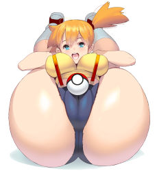 Rule 34 | 1girl, absurdres, alternate breast size, ass, ass focus, asymmetrical hair, bare arms, bare legs, blue eyes, blush, breasts, cameltoe, cleft of venus, cowboy shot, creatures (company), curvy, denim, denim shorts, flexible, full body, game freak, gym leader, hair between eyes, highres, huge ass, kouno (masao), large breasts, legs, looking at viewer, lying, misty (pokemon), nintendo, on back, open mouth, orange hair, poke ball, pokemon, pokemon (anime), pokemon (classic anime), shiny skin, shirt, shoes, short hair, short ponytail, short shorts, shorts, side ponytail, simple background, smile, sneakers, solo, suspenders, tank top, thick thighs, thighs, yellow shirt