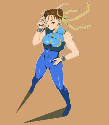 Rule 34 | 1girl, bodysuit, breasts, brown hair, capcom, chun-li, double bun, from above, hair bun, hand on own hip, hip focus, large breasts, looking at viewer, simple background, skin tight, solo, street fighter