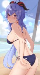 Rule 34 | 1girl, absurdres, ahoge, ass, bare arms, bare shoulders, beach, bikini, blue bikini, blue hair, blue sky, breasts, cloud, commentary, cowboy shot, day, ganyu (genshin impact), genshin impact, highres, horns, large breasts, long hair, looking at viewer, ocean, purple eyes, sky, solo, standing, swimsuit, terableart, thighs, very long hair, water