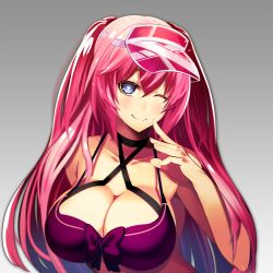 Rule 34 | 1girl, blue eyes, breasts, cleavage, hat, heart, heart-shaped pupils, highres, large breasts, long hair, looking at viewer, nirai kanai, one eye closed, original, pink hair, smile, solo, symbol-shaped pupils, twintails, upper body, visor cap
