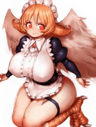 Rule 34 | 1girl, bird legs, breasts, claws, covered erect nipples, fumio (rsqkr), harpy, highres, huge breasts, ishuzoku reviewers, long hair, looking at viewer, maid headdress, meidri, monster girl, orange eyes, orange hair, simple background, solo, thick thighs, thigh strap, thighs, white background, wide hips, wings