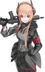 Rule 34 | 1girl, armband, assault rifle, bad id, bad twitter id, bandana, black gloves, black jacket, black pantyhose, black skirt, copyright request, cowboy shot, girls&#039; frontline, gloves, grin, gun, hairband, hand on own hip, holding, holding gun, holding weapon, jacket, kfr, long sleeves, looking at viewer, m4 sopmod ii (girls&#039; frontline), multicolored hair, muzzle device, orange hair, over shoulder, pantyhose, pleated skirt, red eyes, rifle, simple background, skirt, smile, solo, streaked hair, weapon, weapon over shoulder, weapon request, white background