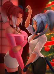 Rule 34 | 2girls, arm under breasts, artist name, black legwear, black pants, blue eyes, blue hair, braid, breasts, christmas, christmas tree, cleavage, commentary, commission, cowboy shot, earrings, eye contact, fictional persona, final fantasy, final fantasy xiv, garter straps, half-closed eyes, hand on own elbow, height difference, highres, holding, holding hands, holding mistletoe, jewelry, large breasts, looking at another, medium breasts, mistletoe, multiple girls, off shoulder, open mouth, pants, pink shirt, ponytail, raeenay, red hair, shirt, skirt, tail, taut clothes, thighhighs, thighs, tight clothes, tight pants, warrior of light (ff14), white shirt, white skirt, yellow eyes, yuri