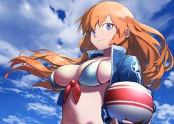 Rule 34 | 1girl, bikini, bikini top only, blue eyes, blue sky, breasts, charlotte e. yeager, cleavage, closed mouth, cloud, cloudy sky, cropped jacket, day, from below, front-tie bikini top, front-tie top, helmet, jacket, kirii, large breasts, long hair, open clothes, open jacket, orange hair, outdoors, sky, smile, solo, strap gap, strike witches, swimsuit, white bikini, world witches series