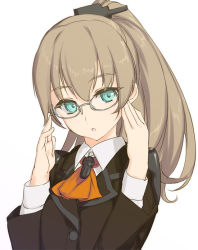 Rule 34 | 10s, 1girl, adjusting eyewear, bespectacled, brown hair, glasses, kantai collection, kumano (kancolle), long hair, looking at viewer, personification, ponytail, rokuwata tomoe, simple background, solo, white background