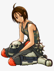 Rule 34 | 1girl, ahoge, armored boots, boots, breasts, brown hair, camouflage tank top, clothes around waist, commentary, english commentary, full body, helmet, highres, holding, holding helmet, huge ahoge, jacket, jacket around waist, justice gakuen, kazama akira, knee pads, leather, leather pants, mixed-language commentary, motorcycle helmet, pants, short hair, sitting, skull print, sleeveless, small breasts, solo, wariza, white background, xfiro