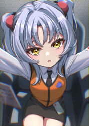 Rule 34 | 1girl, arms up, black necktie, black skirt, chair, from above, grey hair, hair intakes, highres, hoshino ruri, kidou senkan nadesico, long hair, looking at viewer, looking up, miniskirt, necktie, open mouth, orange vest, outstretched arms, ru-ha, shirt, sitting, skirt, solo, thighs, twintails, vest, white shirt, yellow eyes