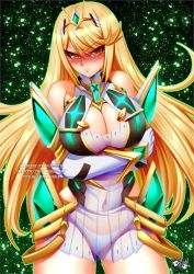 Rule 34 | 1girl, armor, bare shoulders, blonde hair, blush, breasts, cleavage, cleavage cutout, clothing cutout, commentary, crossed arms, dress, earrings, english commentary, frown, gem, gloves, headpiece, jadenkaiba, jewelry, large breasts, long hair, looking at viewer, mythra (xenoblade), nintendo, orange eyes, panties, see-through, shoulder armor, solo, swept bangs, thigh strap, tiara, tsundere, underwear, very long hair, white panties, xenoblade chronicles (series), xenoblade chronicles 2