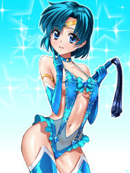 Rule 34 | 1girl, adapted costume, bishoujo senshi sailor moon, blue background, blue eyes, blue gloves, blue hair, blue theme, breasts, brooch, choker, circlet, cowboy shot, dominatrix, earrings, elbow gloves, gloves, gradient background, heart, heart brooch, holding, index finger raised, jewelry, lingerie, matching hair/eyes, mizuno ami, navel, open mouth, ribbon, round teeth, sailor mercury, sen (sansui), sideboob, solo, sparkle, teeth, thighhighs, underwear, whip