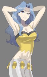 Rule 34 | 1girl, armpits, arms behind head, arms up, bare shoulders, blue eyes, blue hair, breasts, camisole, cleavage, collarbone, commentary request, cowboy shot, creatures (company), crop top, game freak, grey background, grin, groin, hands in hair, karen (pokemon), long hair, looking at viewer, medium breasts, midriff, navel, nintendo, pants, parted bangs, pokemon, pokemon hgss, rex (rein xeed), simple background, smile, solo, standing, teeth, wavy hair, white pants, yellow camisole