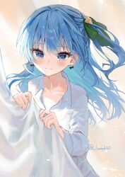 Rule 34 | 1girl, blue eyes, blue hair, blush, closed mouth, collarbone, collared shirt, curtain grab, curtains, earrings, green ribbon, hair ribbon, highres, hololive, hoshimachi suisei, jewelry, long hair, long sleeves, looking at viewer, luna (luna610), one side up, ribbon, shirt, smile, solo, star (symbol), star in eye, sunlight, symbol in eye, twitter username, upper body, virtual youtuber, white shirt