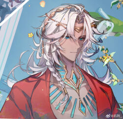 Rule 34 | 1boy, aqua eyes, blue background, blue gemstone, braid, chest jewel, circlet, closed mouth, curtained hair, dark-skinned male, dark skin, expressionless, flower, gem, hair tubes, hairband, highres, jewelry, lars rorschach, long hair, lovebrush chronicles, male focus, necklace, open clothes, open robe, osmanthus, parted bangs, pillar, red pupils, red robe, robe, shiling, side braid, solo, upper body, weibo logo, weibo watermark, white hair, yellow flower