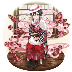 Rule 34 | 1girl, adjusting eyewear, alternate costume, asada shino, black footwear, book, boots, bow, brown hair, capelet, cross-laced footwear, faux figurine, floral print, frilled capelet, frills, full body, glasses, hair ribbon, hakama, hakama skirt, hat, hat bow, highres, holding, japanese clothes, kimono, lace-up boots, lolita fashion, long sleeves, official art, open book, open mouth, pink bow, print hakama, print kimono, red hakama, ribbon, rimless eyewear, short hair with long locks, sidelocks, sitting, skirt, solo, striped bow, striped clothes, striped kimono, sword art online, sword art online: memory defrag, transparent background, white capelet, white hat, white ribbon, wide sleeves