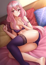 Rule 34 | 1girl, ass, bare arms, bare shoulders, barefoot, blush, bow, bow bra, bra, breasts, closed mouth, collarbone, colored eyelashes, commentary, hair between eyes, hands up, highres, horns, indoors, kazenokaze, long hair, looking at viewer, lying, medium breasts, on bed, on side, panties, pillow, pink hair, purple bra, purple panties, purple thighhighs, red eyes, shuna (tensei shitara slime datta ken), single thighhigh, skindentation, soles, solo, tensei shitara slime datta ken, thighhighs, underwear, underwear only, very long hair