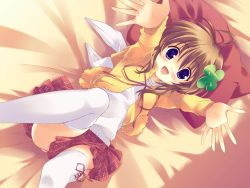 Rule 34 | 1girl, blush, brown hair, clover, clover hair ornament, four-leaf clover, hair ornament, hairpin, lying, miraroma, on back, on bed, open mouth, panties, pantyshot, pillow, purple eyes, qp:flapper, short hair, smile, solo, takahara ai, thighhighs, underwear, white panties